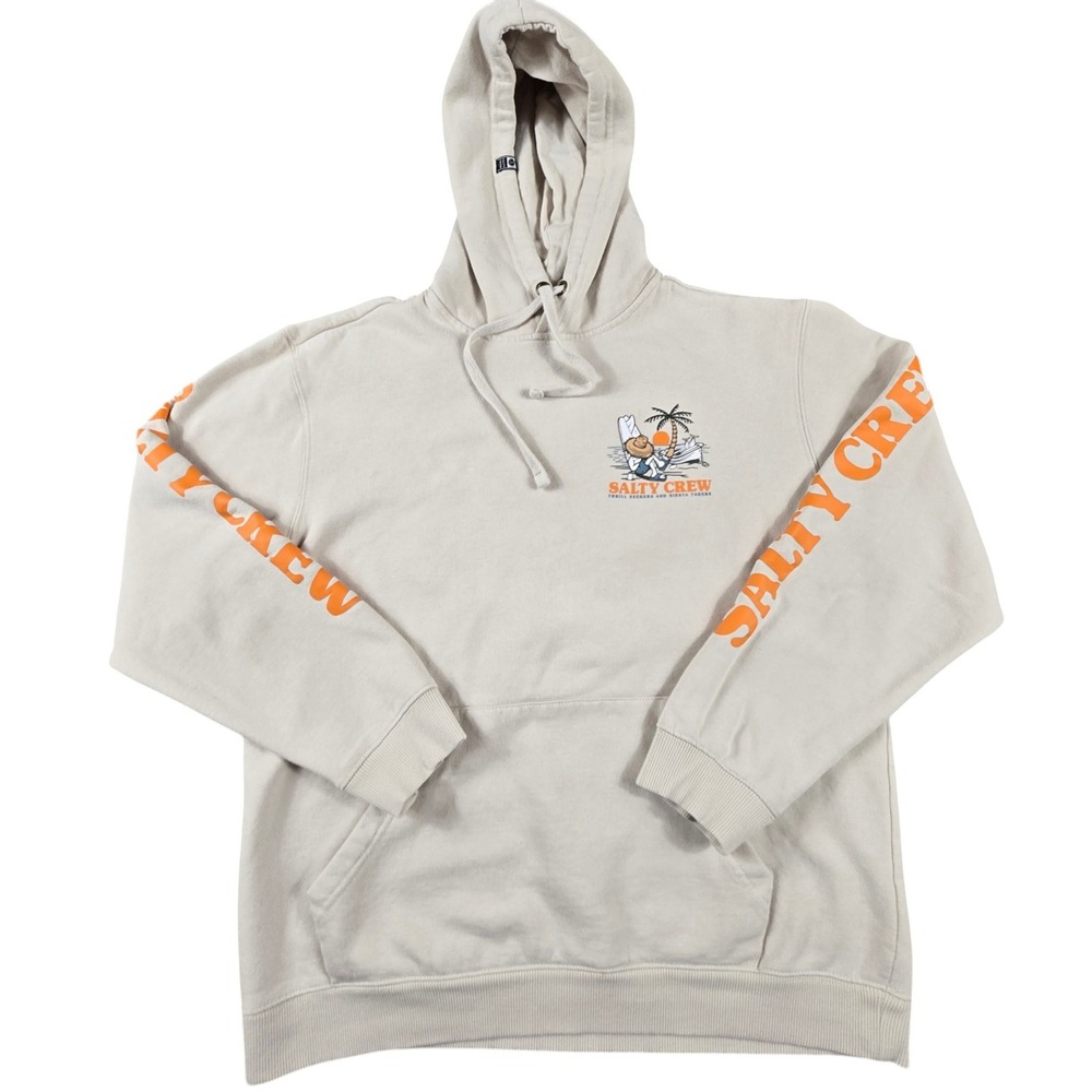 Salty Crew Hoodie Mens Medium Tan Siesta Takers Graphic Sleeve Print Sweatshirt